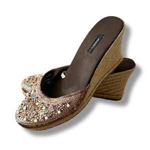 Vintage Y2K xhilaration Brown Beaded Espadrille Wedge Sandals Size 10 Boho